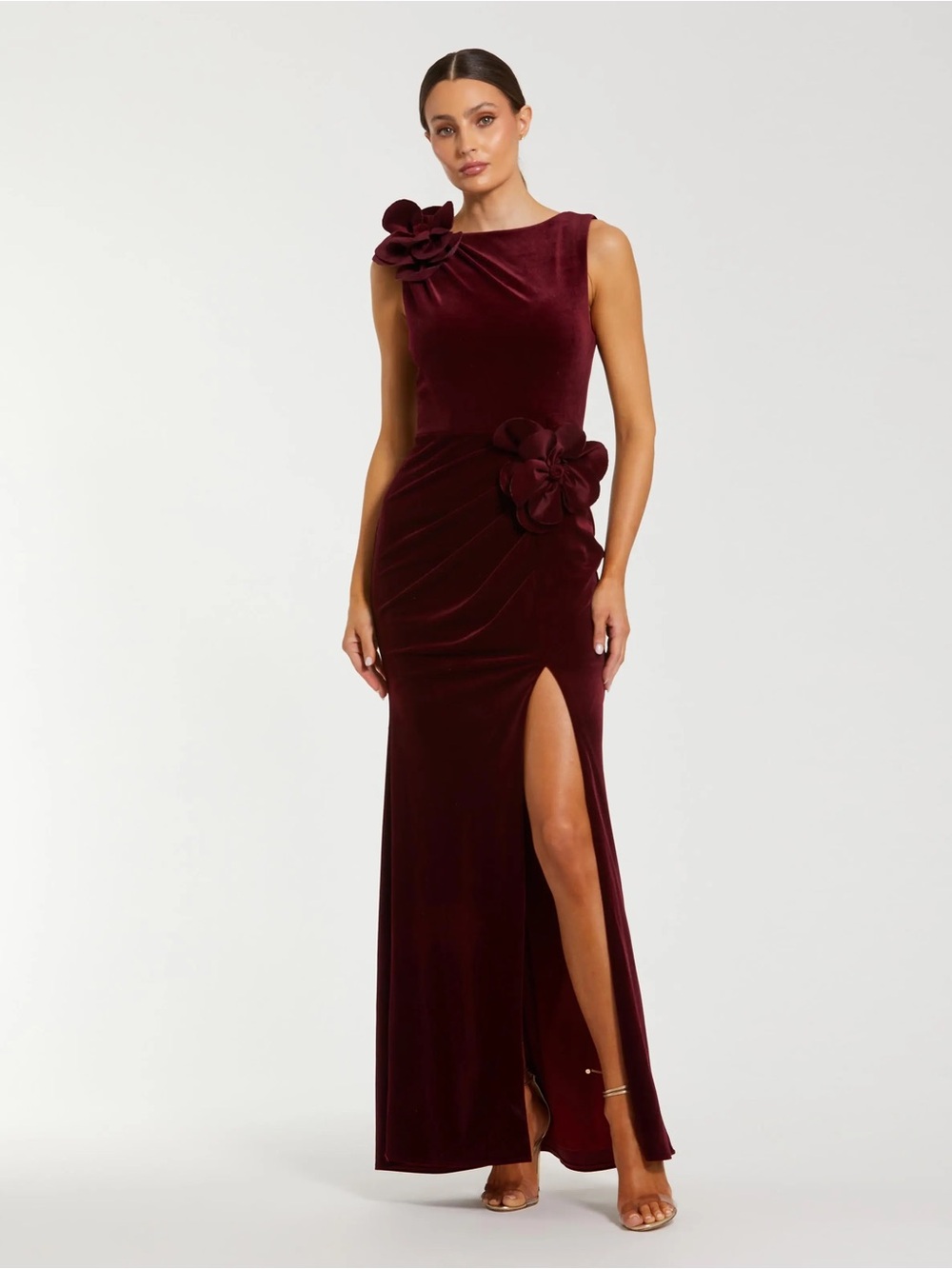 Mac Duggal 21163 High Neck Velvet Column Gown With 3D Flowers Size Medium NWT